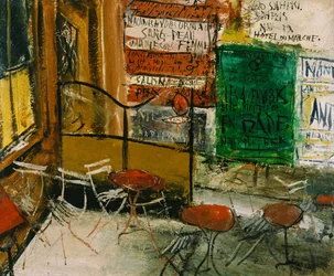 Terrasse de café avec affiches